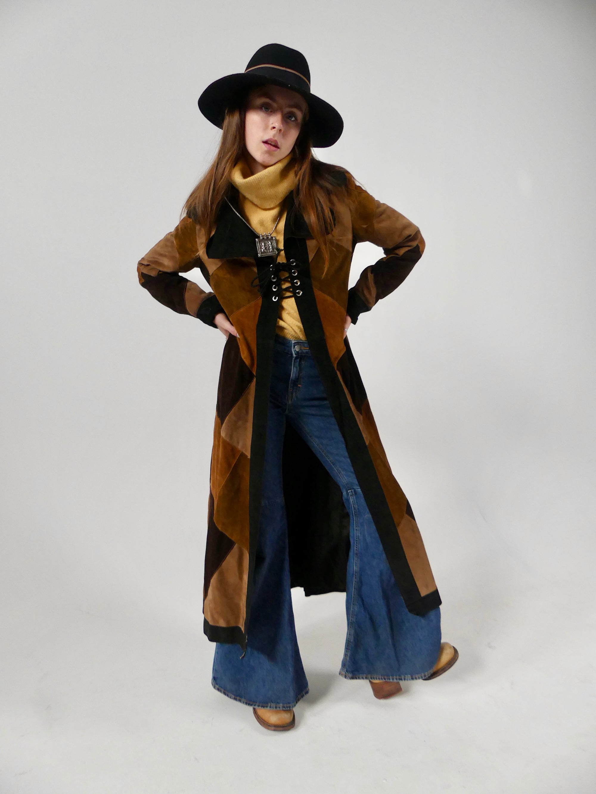 1970s Long Patchwork Suede Coat