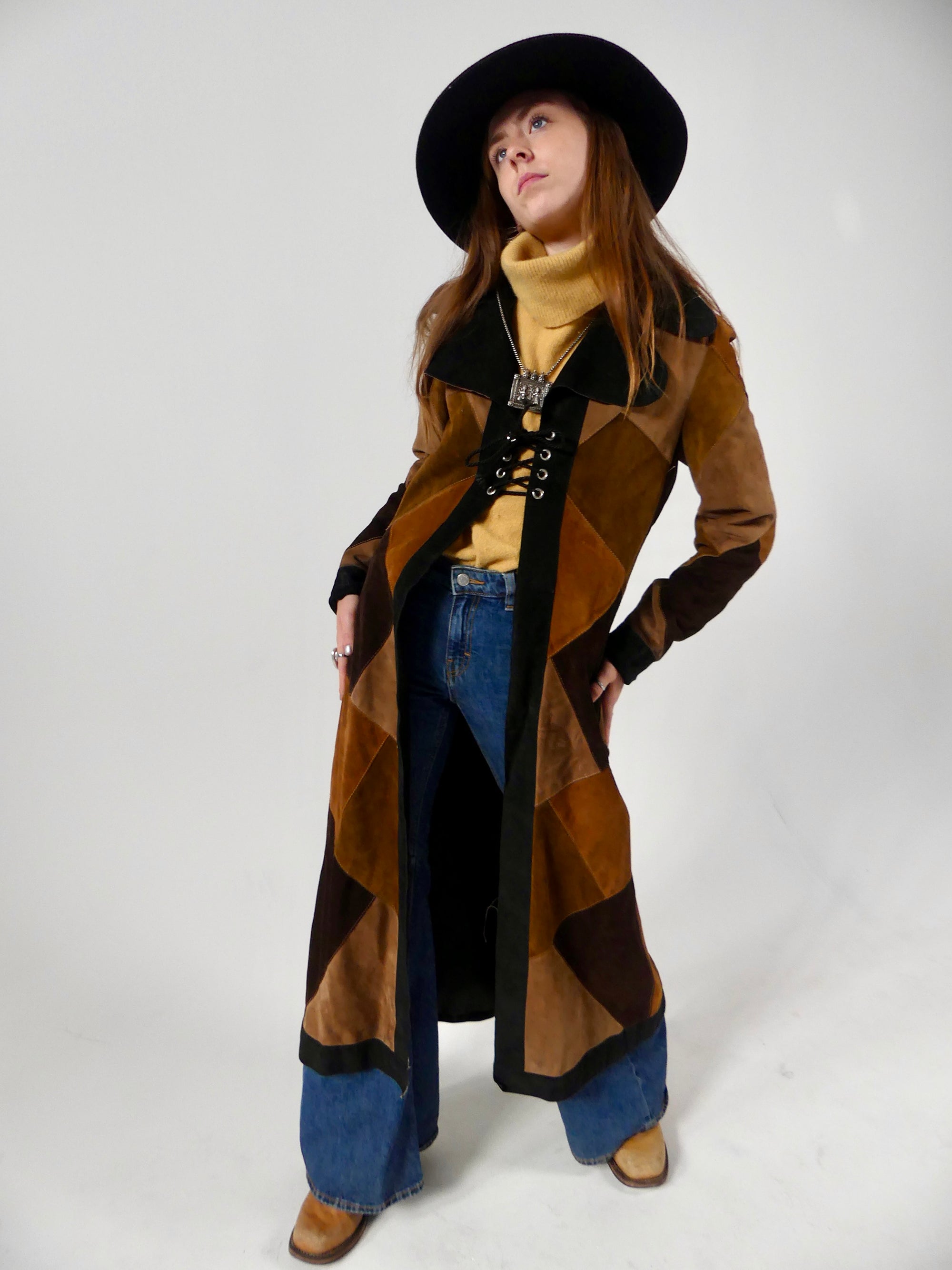 1970s Long Patchwork Suede Coat