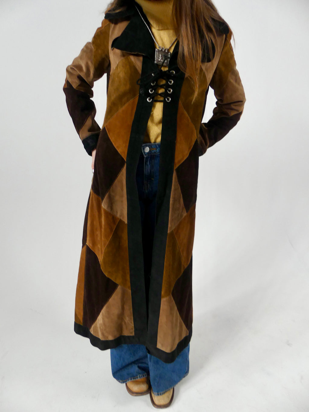 1970s Long Patchwork Suede Coat