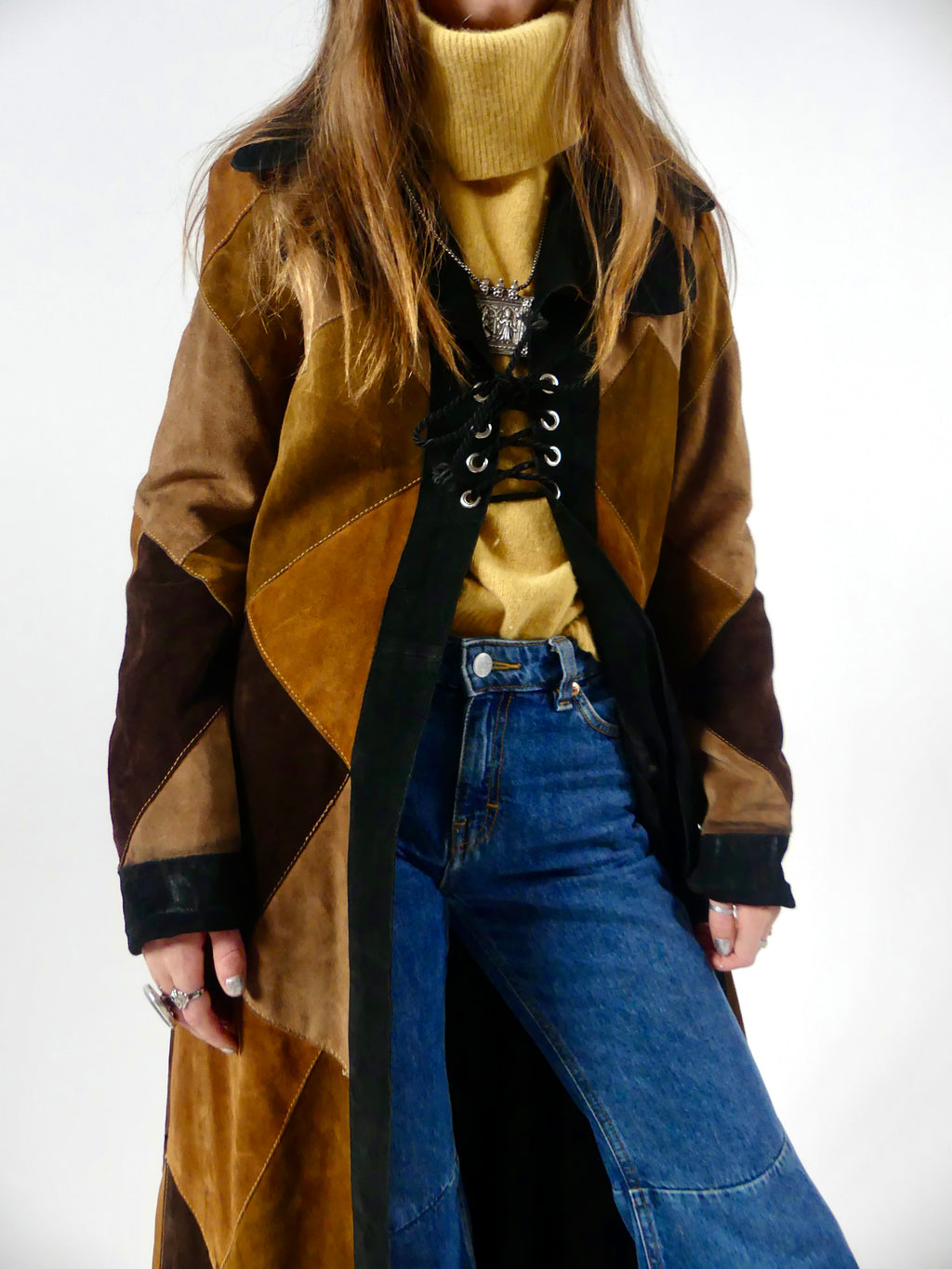 1970s Long Patchwork Suede Coat