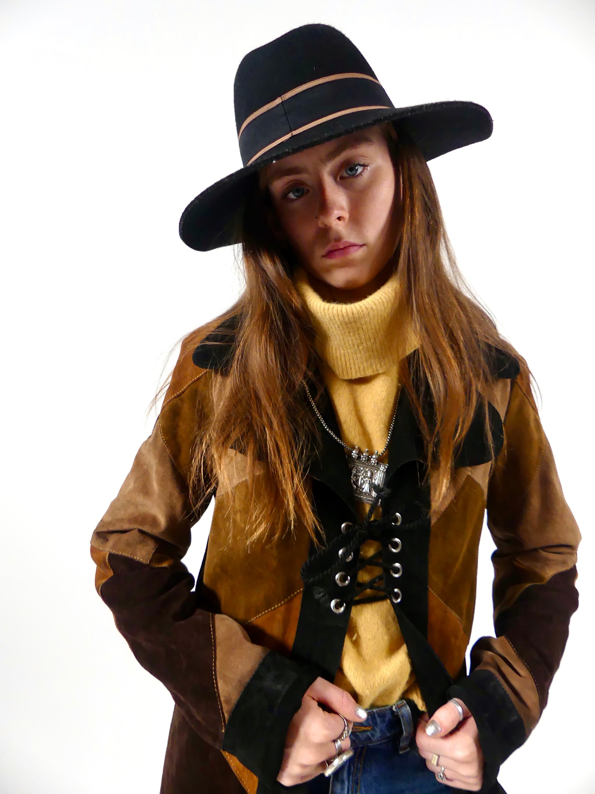 1970s Long Patchwork Suede Coat