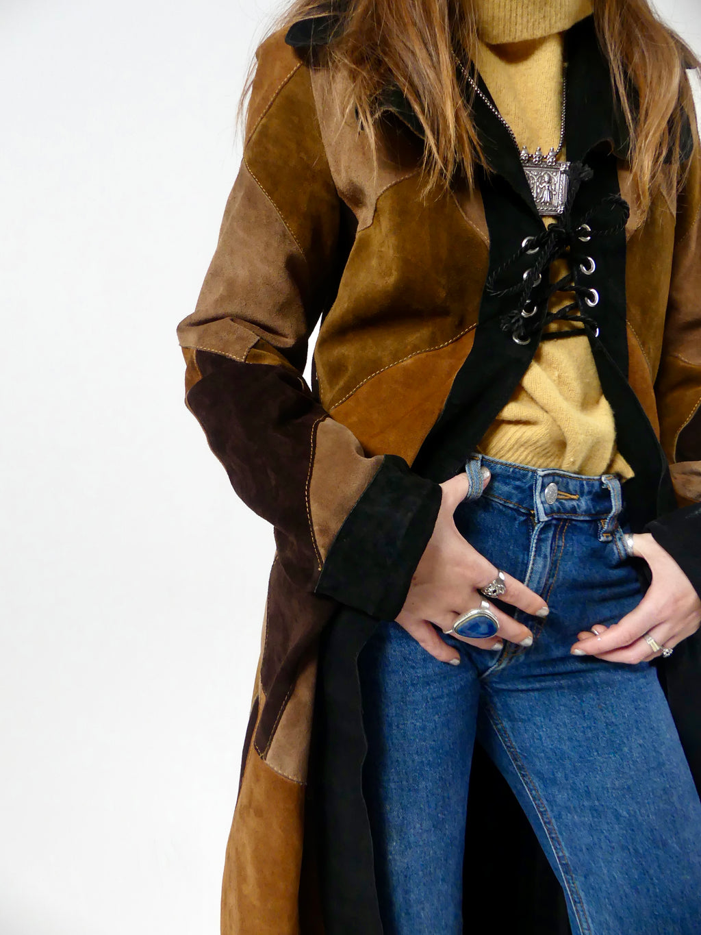 1970s Long Patchwork Suede Coat