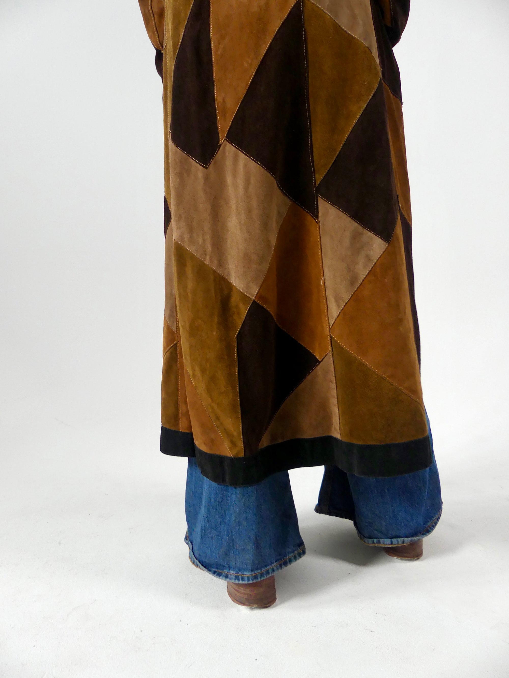 1970s Long Patchwork Suede Coat