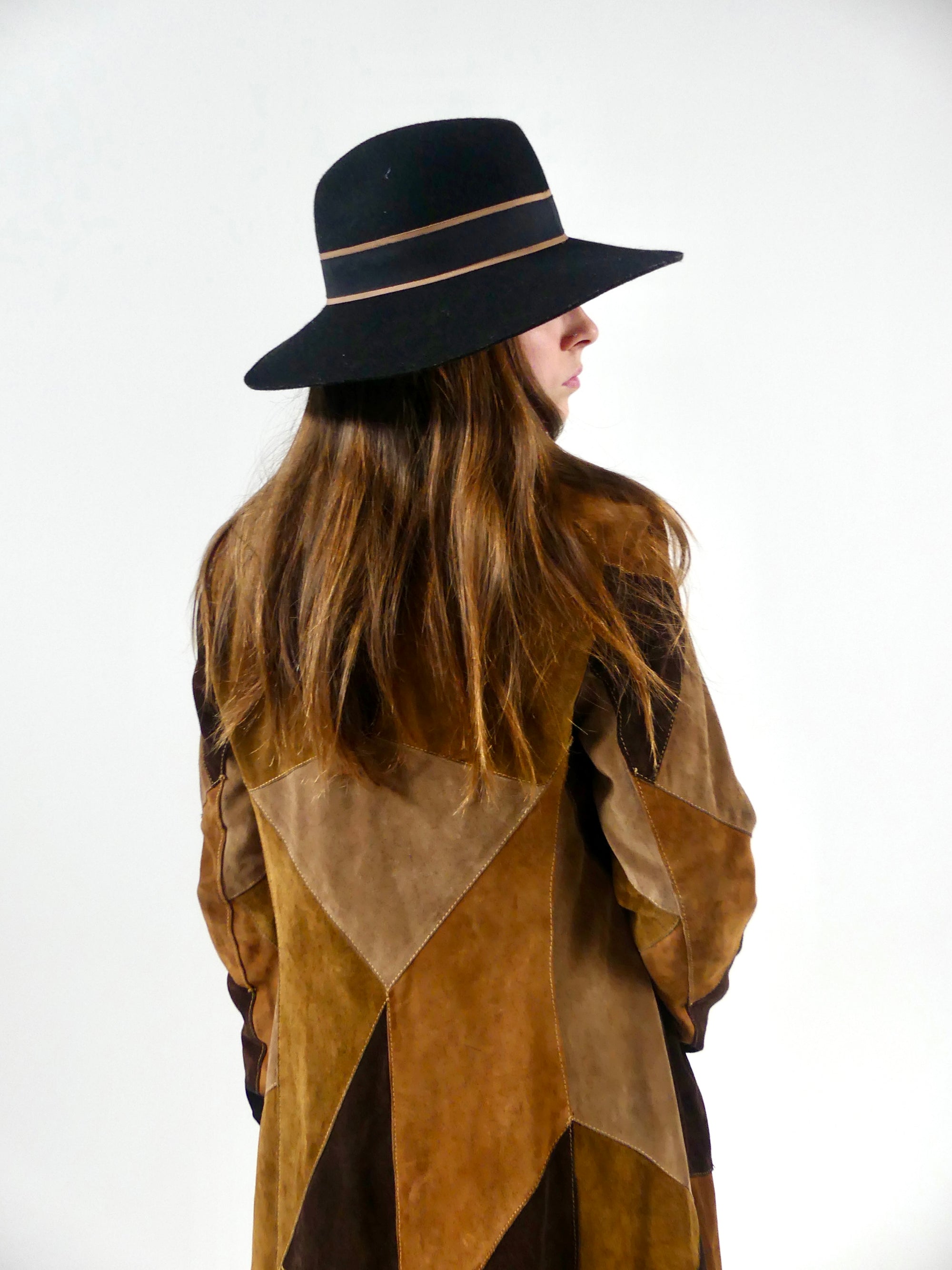 1970s Long Patchwork Suede Coat
