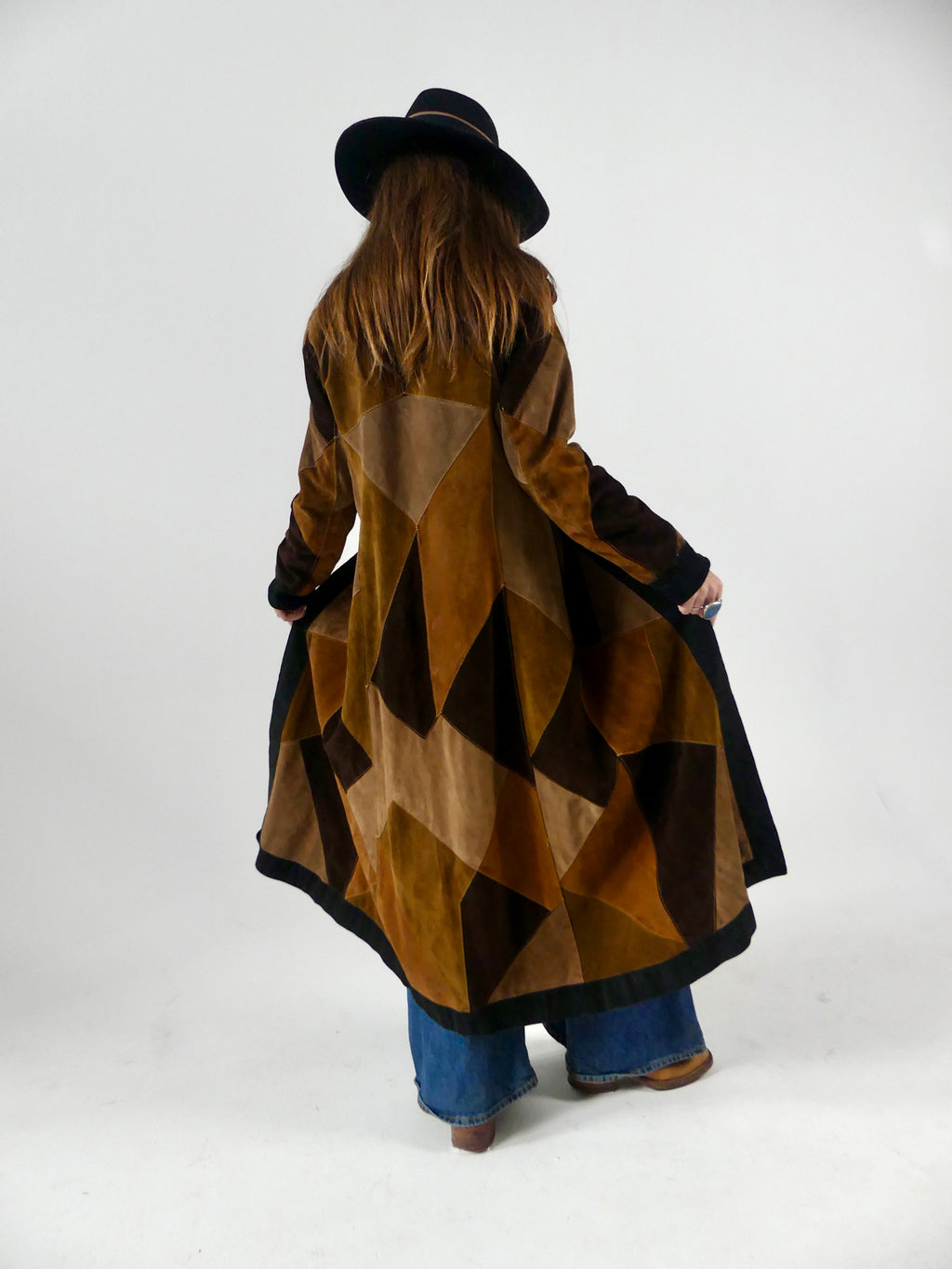 1970s Long Patchwork Suede Coat