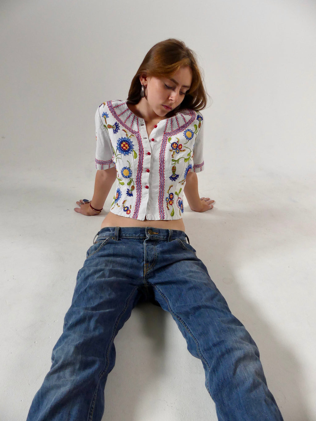 1930s Embroidered Folk Blouse with Peplum Back