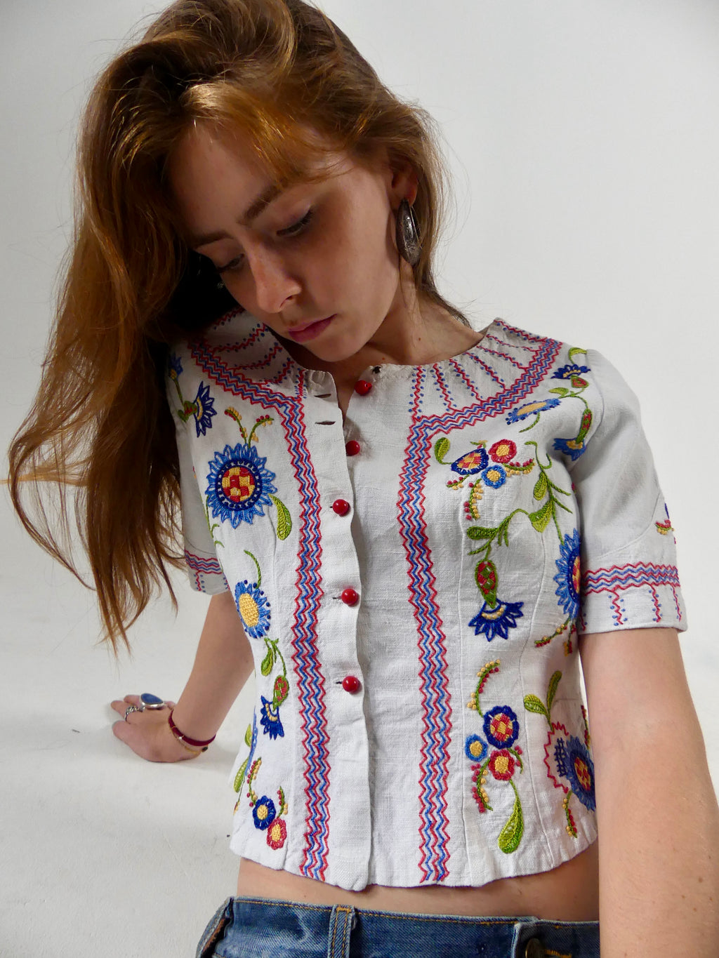 1930s Embroidered Folk Blouse with Peplum Back