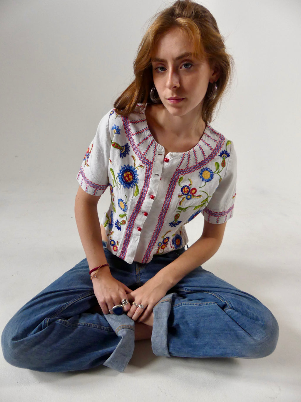 1930s Embroidered Folk Blouse with Peplum Back