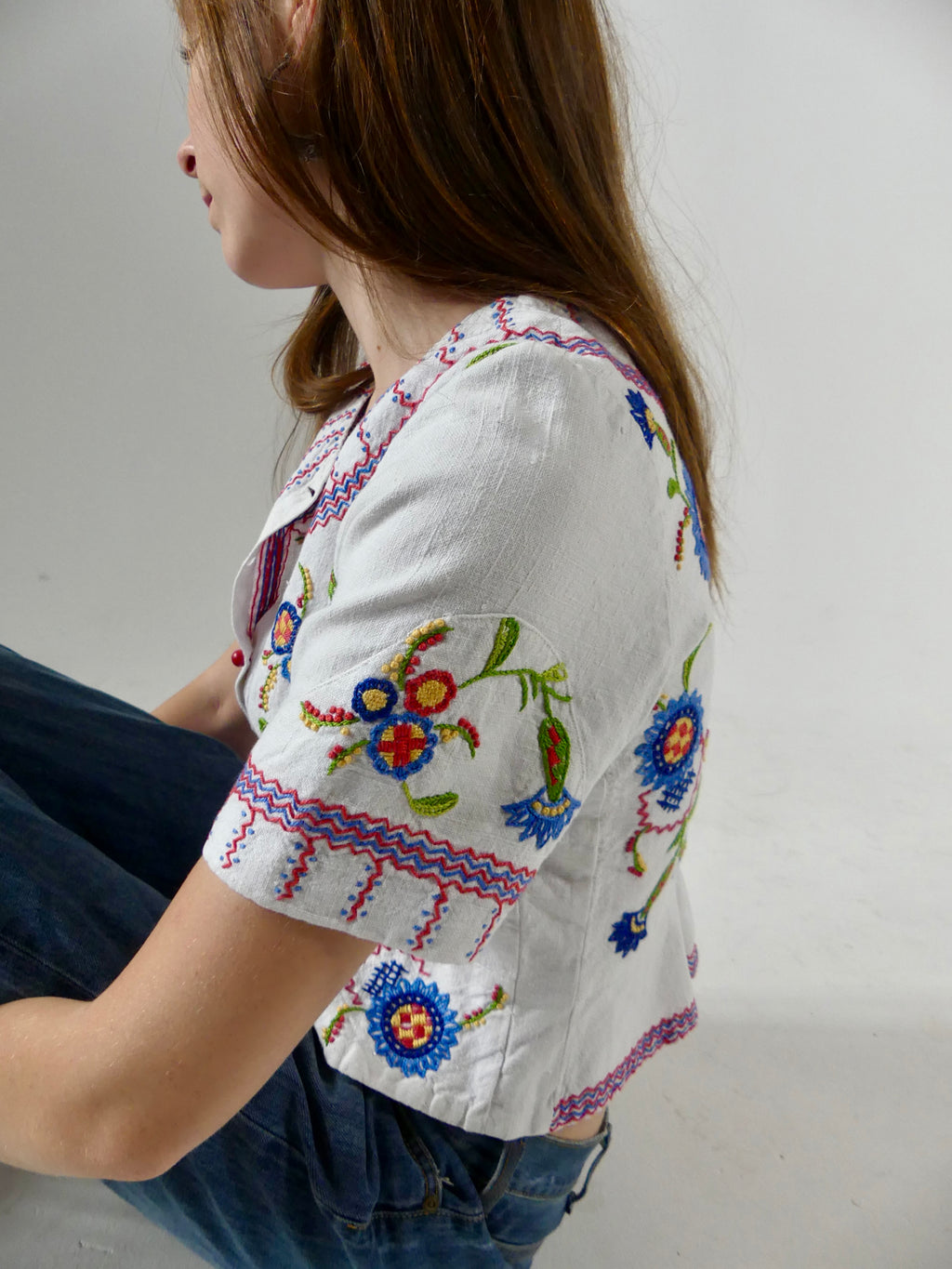 1930s Embroidered Folk Blouse with Peplum Back