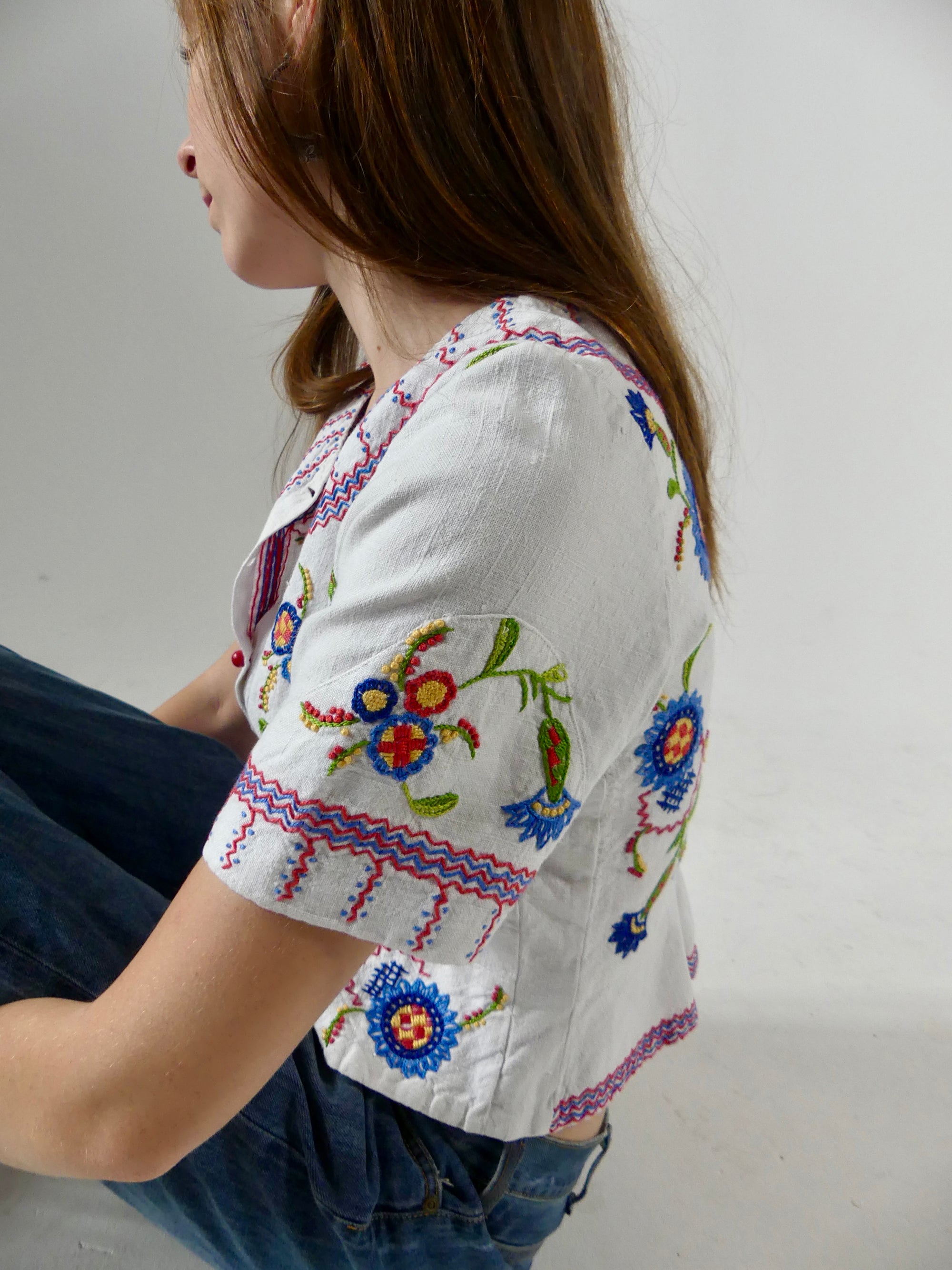 1930s Embroidered Folk Blouse with Peplum Back