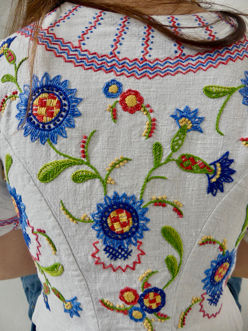 1930s Embroidered Folk Blouse with Peplum Back