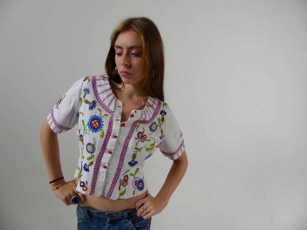 1930s Embroidered Folk Blouse with Peplum Back