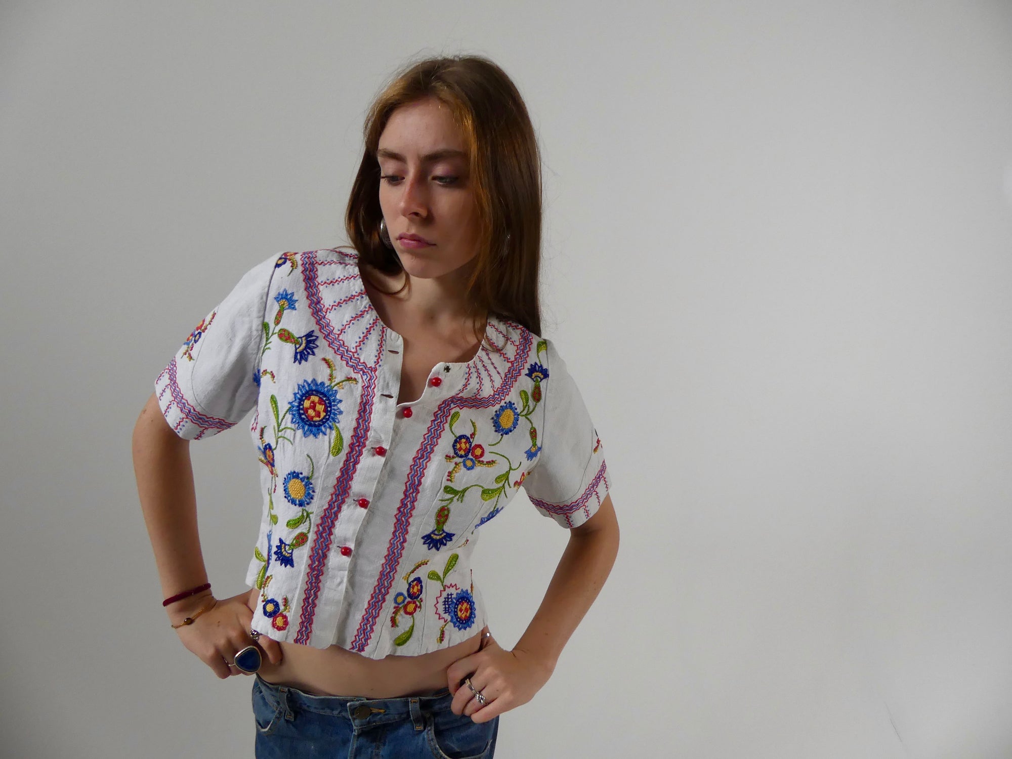 1930s Embroidered Folk Blouse with Peplum Back