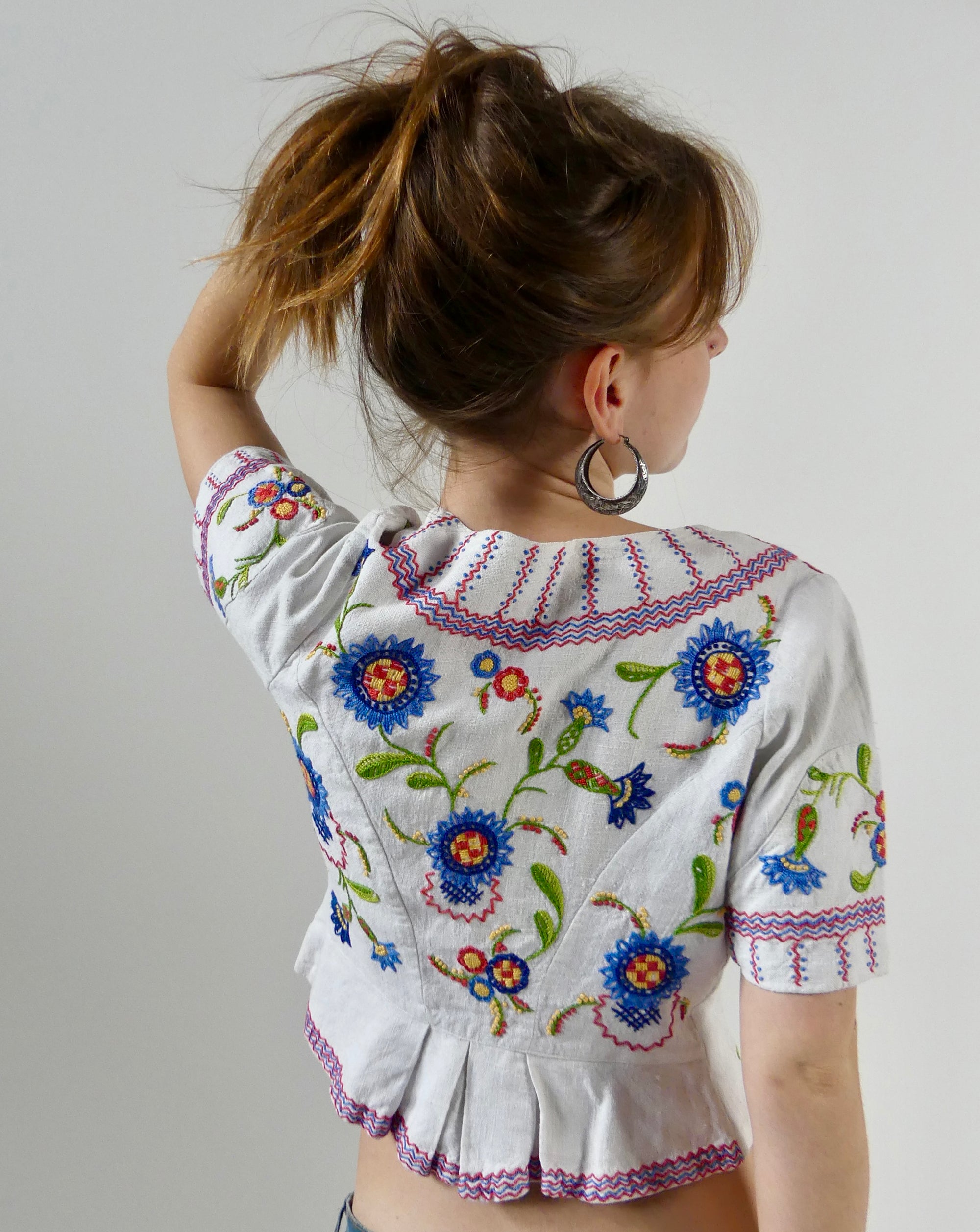 1930s Embroidered Folk Blouse with Peplum Back