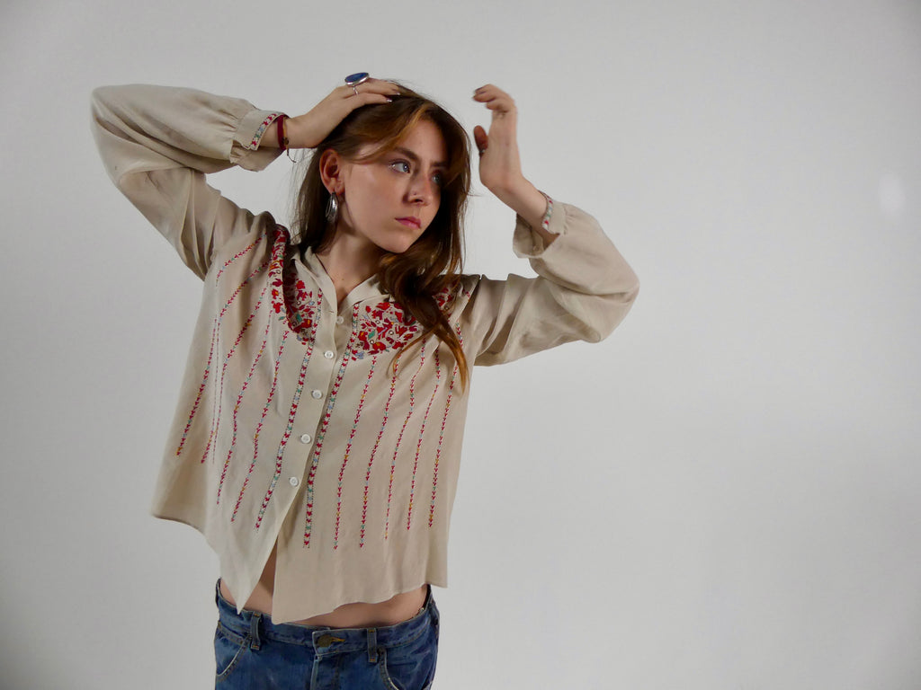 1930s Eastern European Silk Blouse with Embroidery