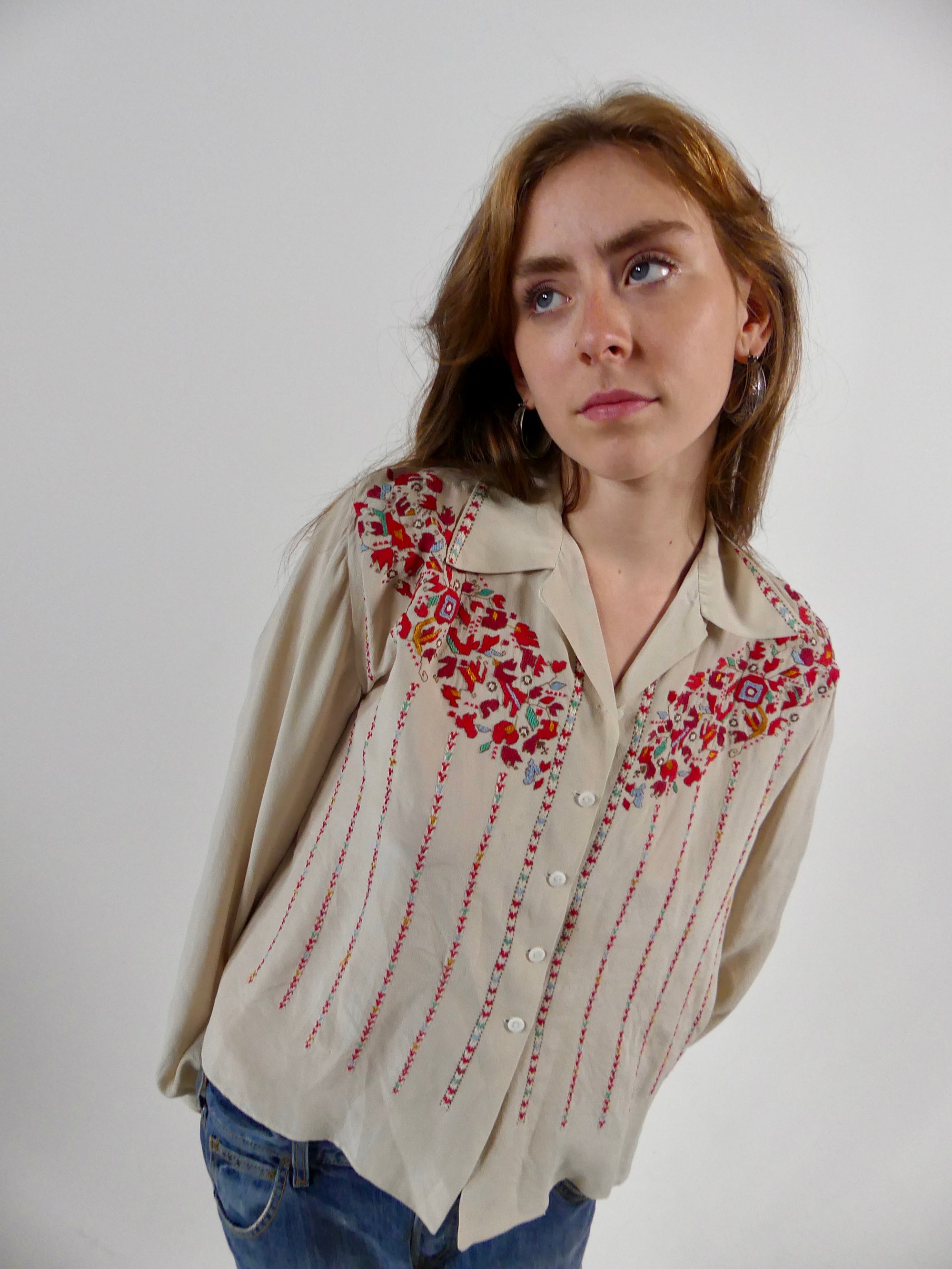 1930s Eastern European Silk Blouse with Embroidery