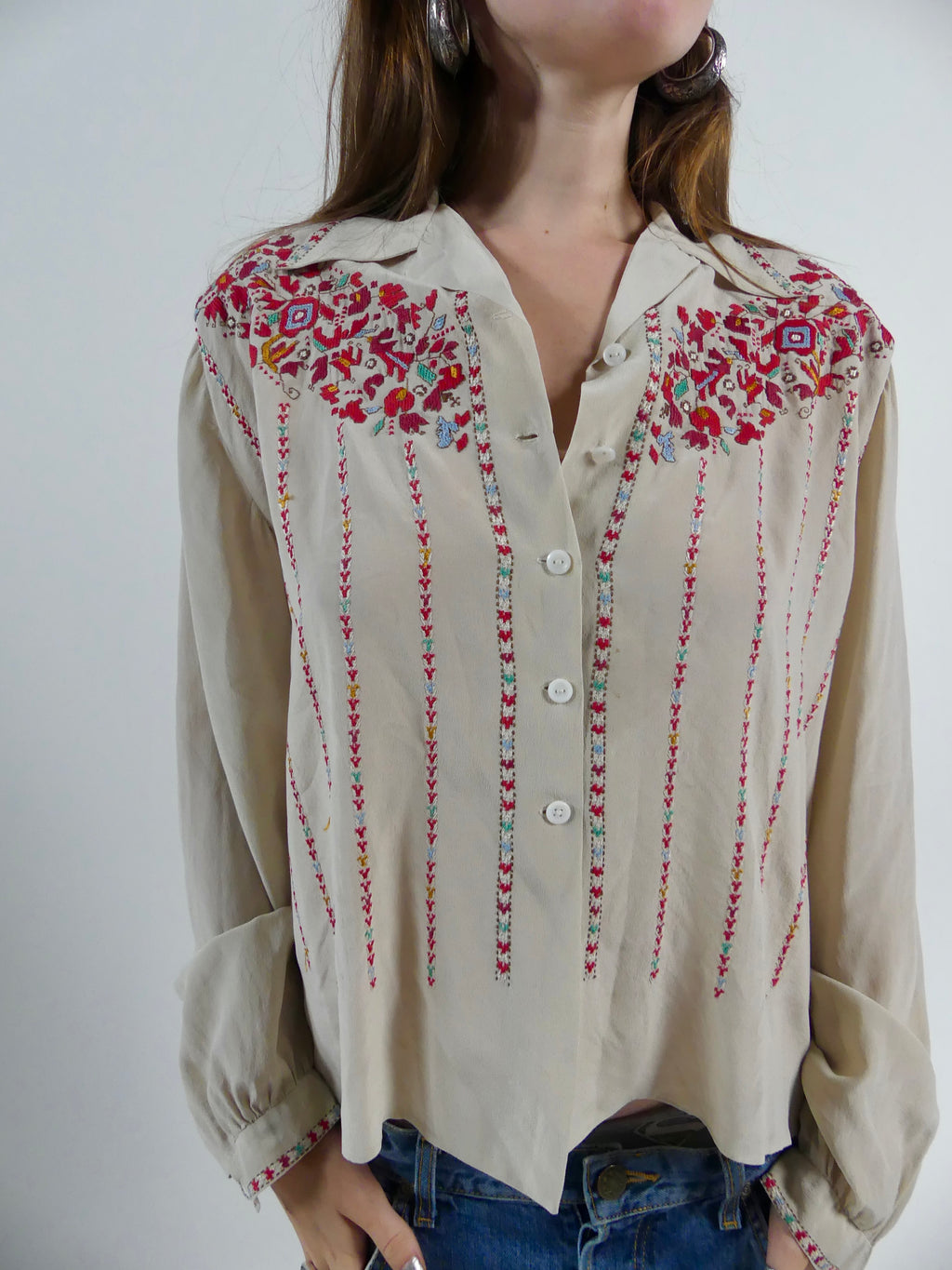 1930s Eastern European Silk Blouse with Embroidery