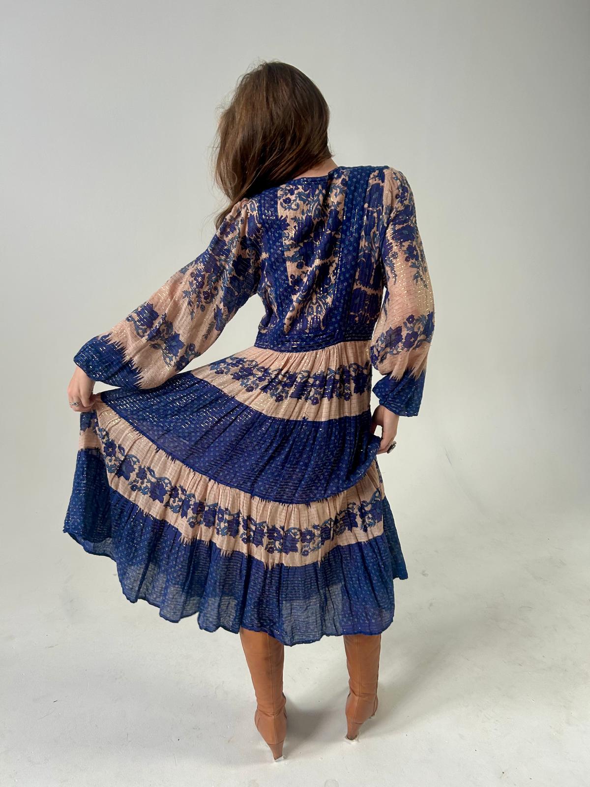 1970s Delft-Blue  and Gold Lurex Interlinks London Cotton Gauze Midi-Dress