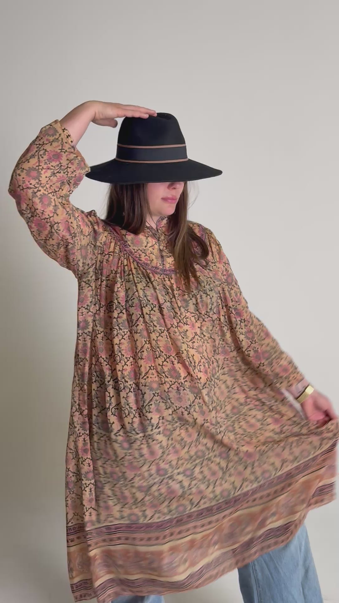 1970s Rare Phool 100% Silk Blockprint Tunic Dress- Free-Size