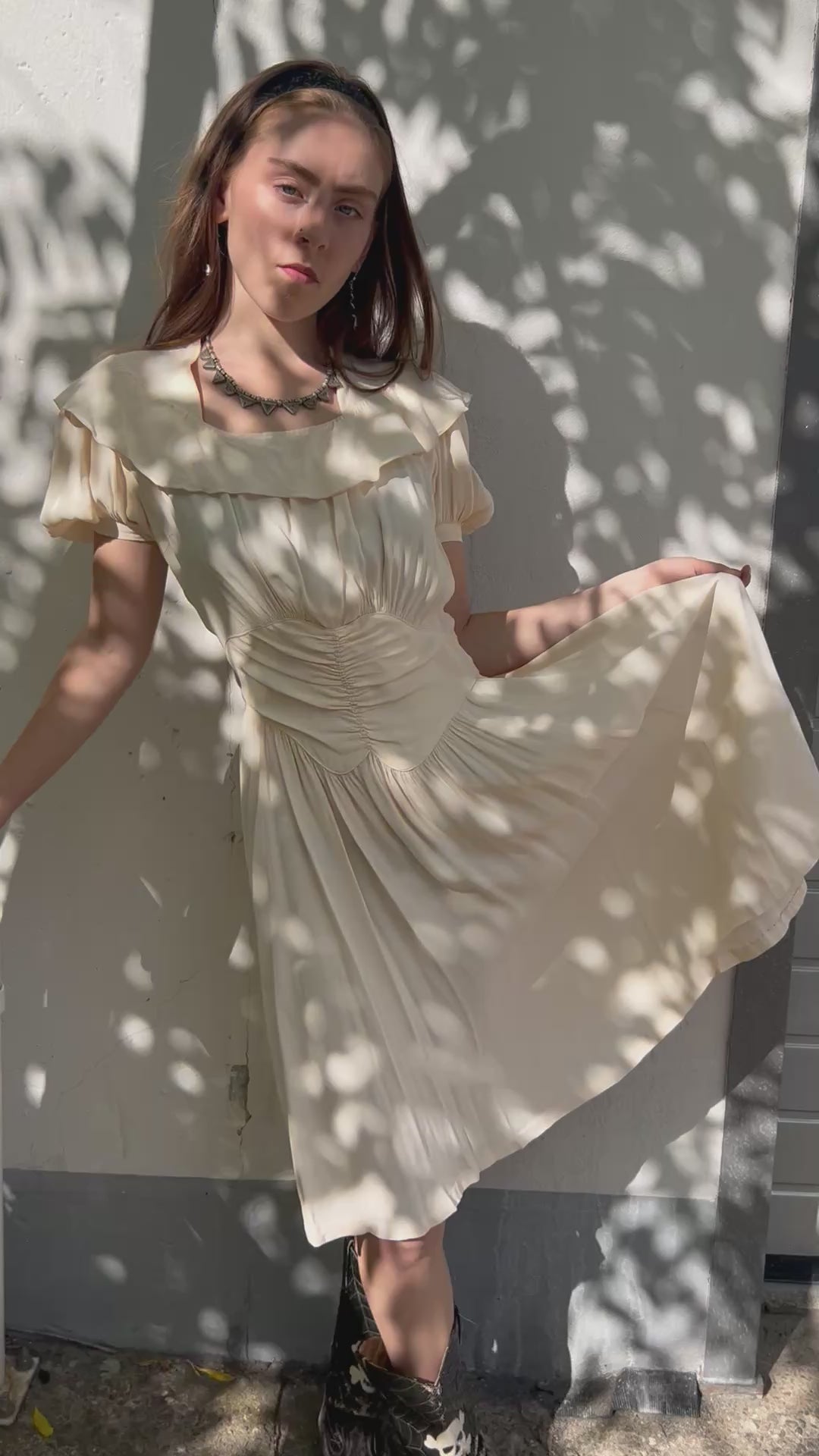 1930s Rayon Crepe Light Apricot Ruffled Dress