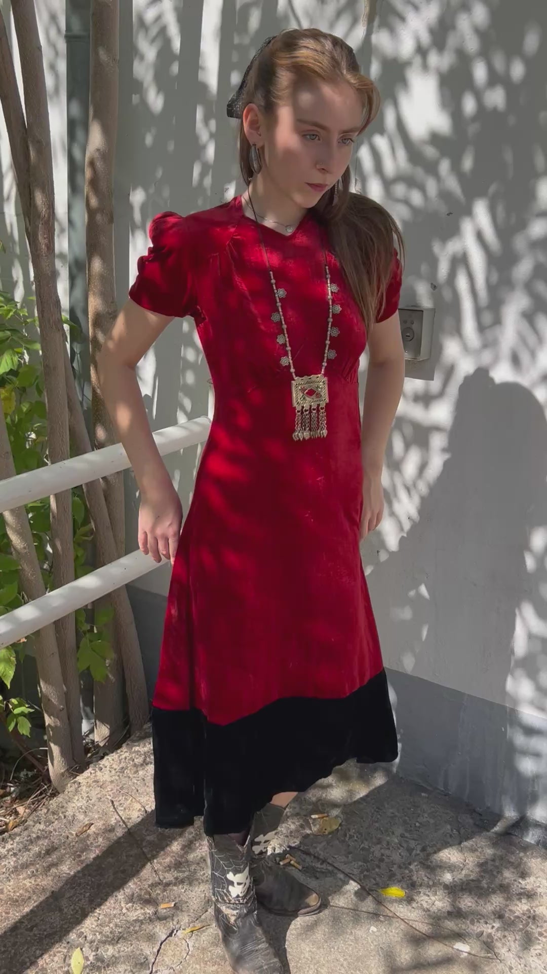 Crimson Silk velvet late 1930s / early 40s Button-Up Dress